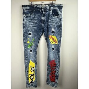 FWRD Denim Jeans Mens 42x34 Blue Slim Fit Skinny Graffiti Streetwear Urban